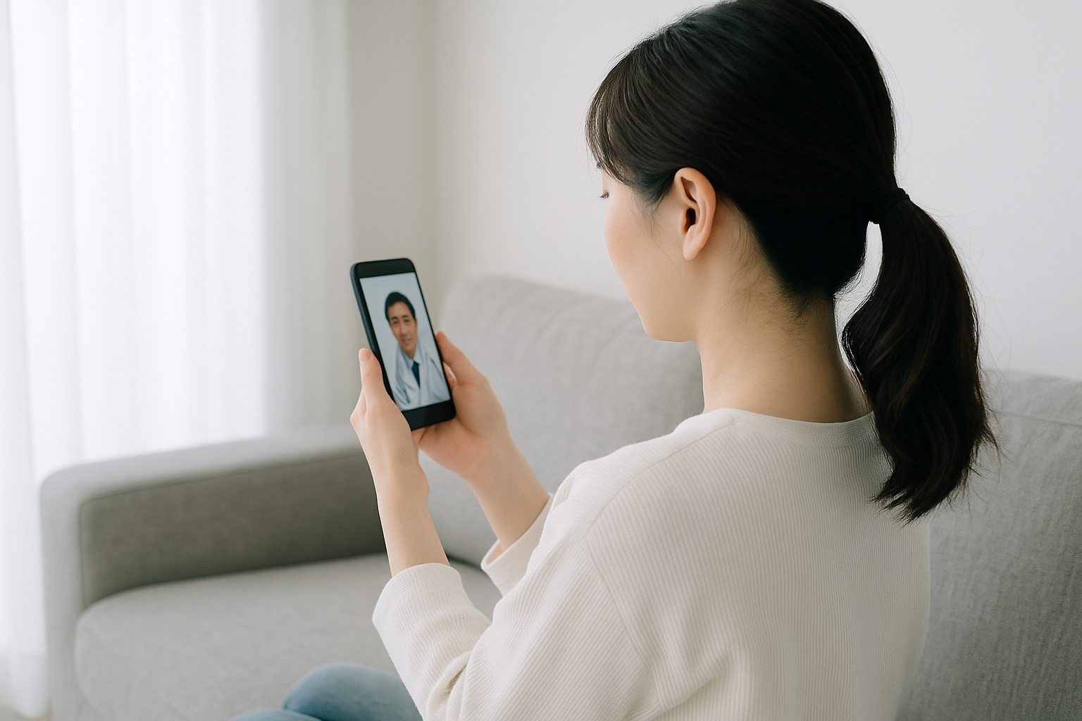自宅でスマートフォンからオンライン診療を受ける女性